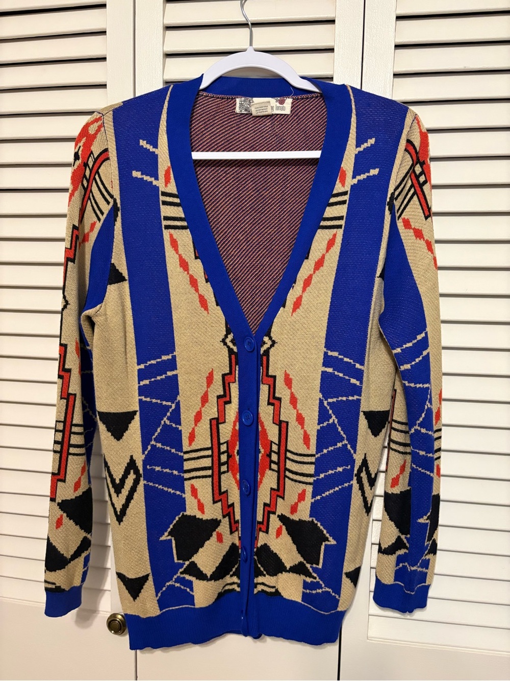 Flying Tomato Blue and Tan Geometric V-Neck Cardigan